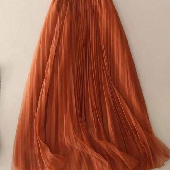 Pumpkin Spice Women's Elegant Pleated Mesh A-Line Skirt - Picture 5 of 7